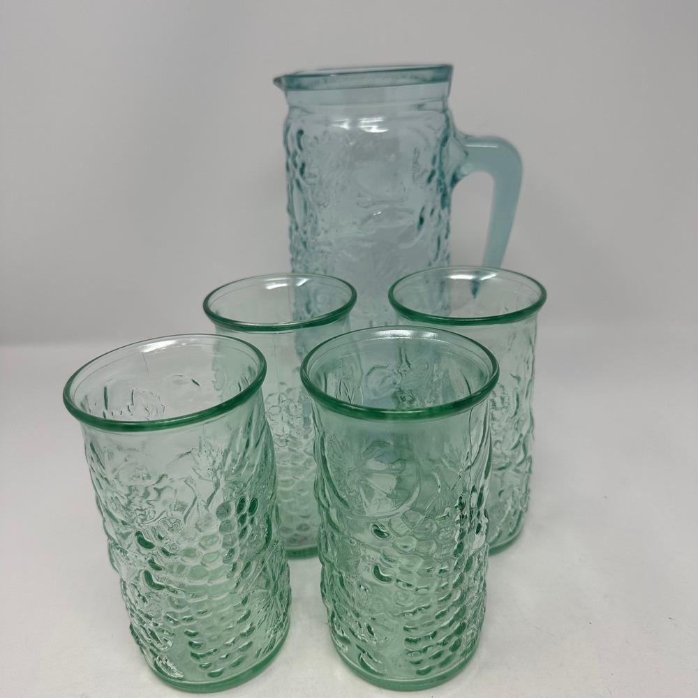 Vetreria Etrusca Pitcher & 4 Glasses Set Green Italy Fruit Embossed Glassware